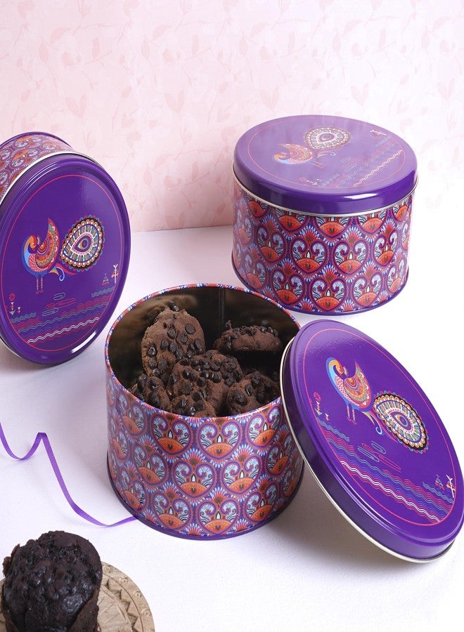 GLISTENDECOR Circular Tin Storage Box | Airtight Metal Containers for Cookies, Biscuits | Multipurpose Kitchen Organizer for Beads, Buttons & Essentials | Durable & Decorative - Pack of 3 (Purple) - Image 4